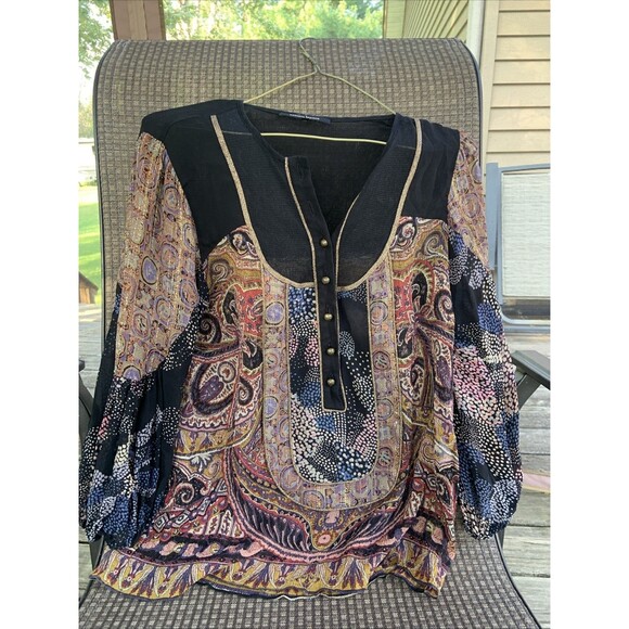 Nanette Lepore Sheer Silk Women’s Top Gold Flex Size 6 Boho Designer Flowy - Picture 2 of 12